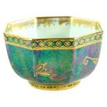 A small Wedgwood Dragon lustre octagonal bowl, decorated centrally with a dragon on an opalescent