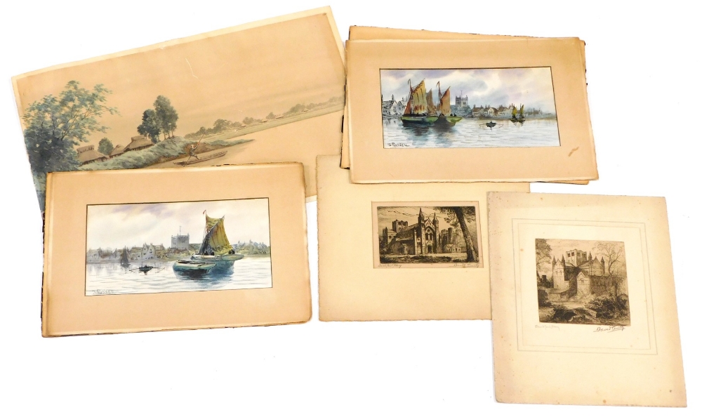 Early 20thC Oriental School. River scene with man fishing, watercolour, 32cm x 50cm overall,