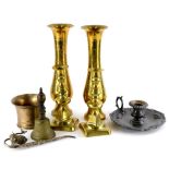 A collection of metalware, to include a bronze mortar, pair of candlesticks, pair of vases,