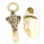 Two mother of pearl items, to include a George V silver rattle, with mother of pearl stem and