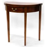 An Edwardian and mahogany boxwood strung demi-lune card table, with a frieze drawer, on square