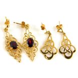 Two pairs of earrings, to include a pair of 9ct gold woven design earrings, each with butterfly