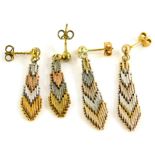 Two pairs of tri-colour layered earrings, each stamped 925 with butterfly backs. (2)
