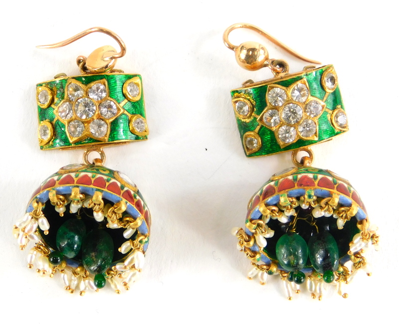 A pair of Indian enamel drop earrings, each with green enamelled top set with round brilliant cut