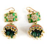 A pair of Indian enamel drop earrings, each with green enamelled top set with round brilliant cut