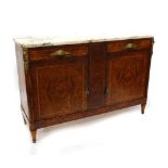 An early 20thC French burr yew side cabinet, the top with a variegated marble top, above two