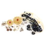 A group of costume jewellery, to include faux pearl necklace, two gold plated and paste stone set