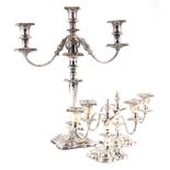 A silver plated three branch candelabrum, with overall decoration of rococo scrolls, etc., 46cm