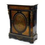A 19thC ebonised and Boulle side cabinet, the white marble top with a moulded edge above a frieze