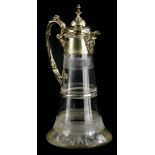 A late 19th/early 20thC cut glass claret jug, with silver plated mount, 29cm high.