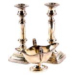 A pair of 19thC telescopic silver plated candlesticks, 23cm high, and a two handled silver plated