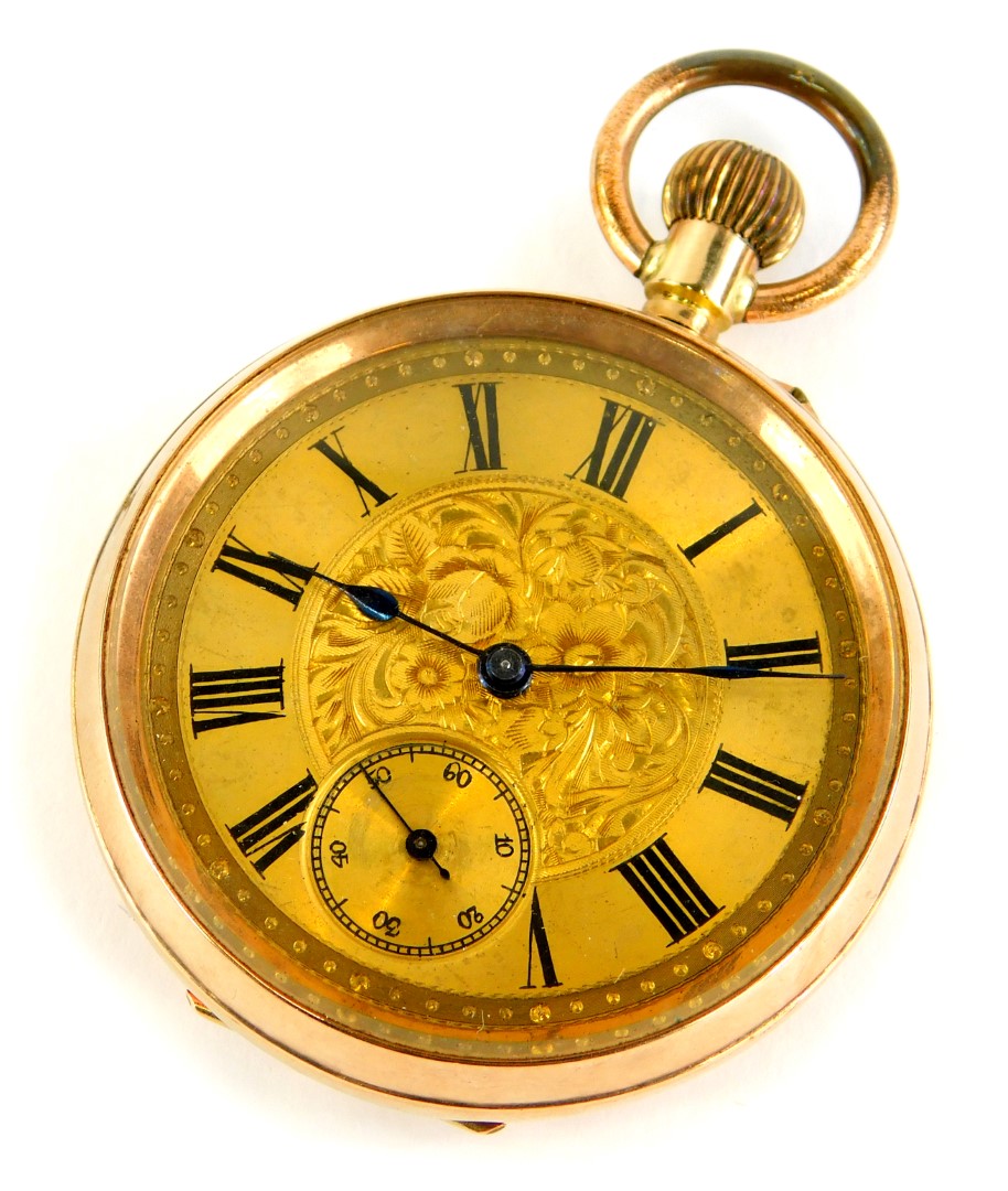 An early 20thC half Hunter pocket watch, with a gold embellished and floral decorated dial, with