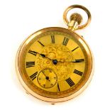 An early 20thC half Hunter pocket watch, with a gold embellished and floral decorated dial, with