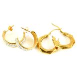 Two pairs of 9ct gold hoop earrings, to include a pair set with crystals, on butterfly backs, and