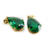 A pair of green paste stone earring drops, in gold plated frame with single loop to top.