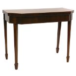 An early 19thC mahogany and tulipwood crossbanded card table, the rectangular top with canted
