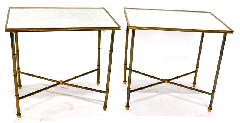 A pair of brass rectangular occasional tables, each with a mirrored top etched with Chinoiserie