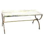 A copper coffee table, with green, cream and grey variegated marble rectangular top, on X shaped end