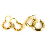 Two pairs of 9ct gold hoop earrings, the larger pair of hammered triangular design, 1.5cm wide,