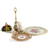 A collection of continental porcelain, to include a Capodimonte plate, decorated with flowers and