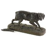 A bronzed spelter figure of a gun dog, on a rectangular base, unmarked, tail detached, the base 29cm