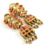 A pair of rolled gold and paste stone set drop earrings, each with red and white stone design,