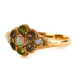 A 9ct gold Victorian style dress ring, the central floral cluster set with peridot, amethyst