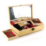 A cream faux leather jewellery box and contents, comprising silver dress earrings, wristwatches,