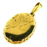 A 9ct gold oval locket pendant, the pleated design border with scroll fan decoration to one