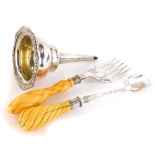 A collection of silver plated items, to include a wine funnel, 17cm long, a fork with simulated bone