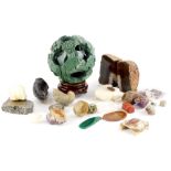 A quantity of mineral samples, a carved agate toad, a concentric ball, (AF), etc.