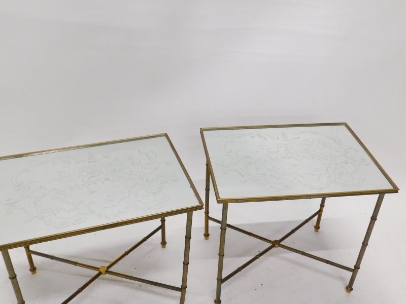 A pair of brass rectangular occasional tables, each with a mirrored top etched with Chinoiserie - Image 2 of 2