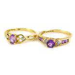 Two 9ct dress rings, each set with amethyst, one of an Art Nouveau type design, with heart shaped