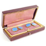 A pair of 9ct gold Asprey enamel cufflinks, the circular blue enamel on a plain gold back,