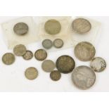 A quantity of mainly silver coins, to include an 1890 half crown, a 1909 half crown, etc.