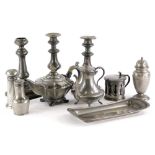 A quantity of 19thC and later pewter items, to include pierced mustard pot, small teapot, a candle