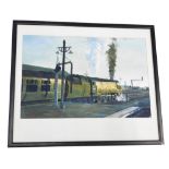 R.W. Steam locomotive beside a platform, watercolour, 35.5cm x 53cm.