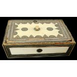 A 19thC Vizagapatam box, of tapered rectangular form, with ivory panels (much damage).