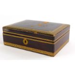 An early 20thC leather gilt tooled jewellery box, with brown velvet lined interior and single shelf,