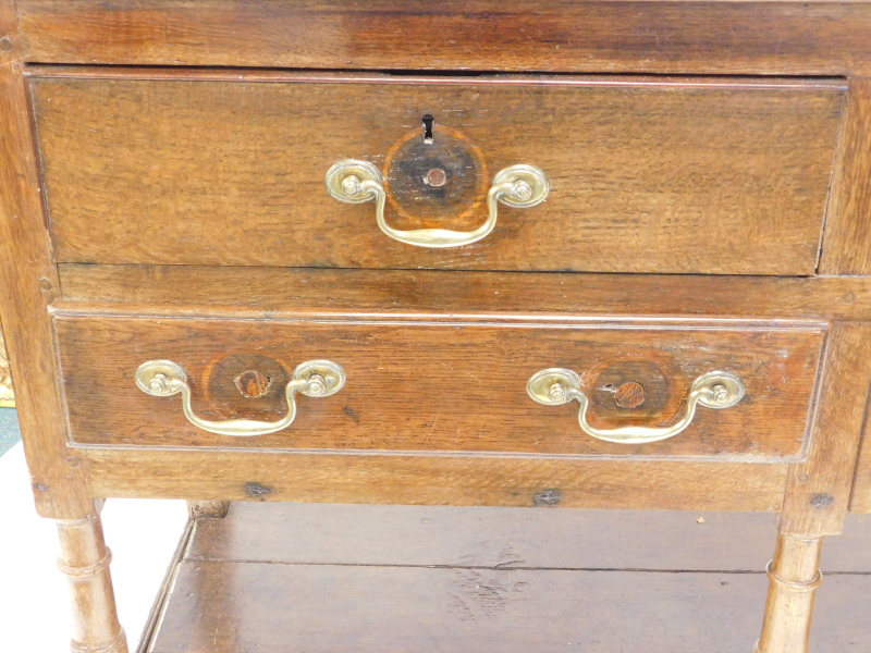 A late 18th/early 19thC oak dresser, the associated raised back with three plate shelves, the base - Image 3 of 3