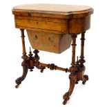 A Victorian walnut games/work table, the quarter veneered top with a burr yew crossbanded border and