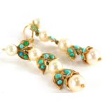 A pair of turquoise and pearl earrings, each of three tier design, with cultured pearl, in yellow