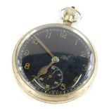 A silver plated military pocket watch, with black enamel dial, engraved to the reverse with an