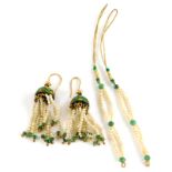 A pair of enamel and seed pearl earrings, the enamel top in green with gold ferns, with blue