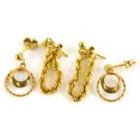 Two pairs of 9ct gold earrings, to include a pair of rope twist hoop earrings, each with single stem