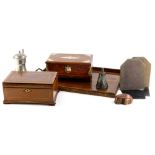 A collection of items, to include a mahogany and parquetry jewellery box with fitted interior,