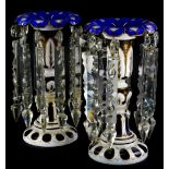 A pair of 19thC Bohemian blue, clear and milk glass lustres, each with floral tops and inverted