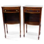 A pair of mahogany and boxwood strung bedside cabinets, each with a bowed central section above a