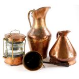 A quantity of copper, to include a small flagon, an Eastern jug, a ships lantern, etc.
