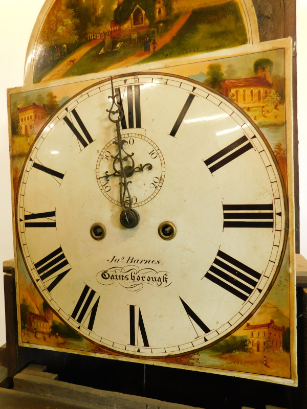 James Barnes, Gainsborough. A mid 19thC longcase clock, the arched dial painted with churches and - Image 2 of 3